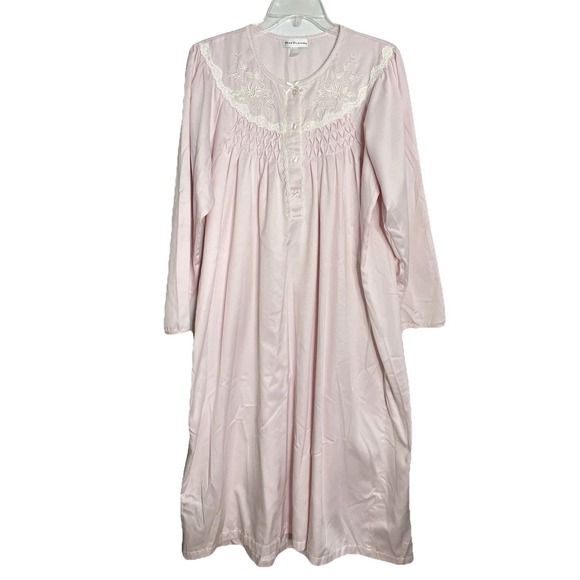 Miss Elaine Nightgown Pink Embroidered Flower Lace Trim Cottage Long Gown‎ Large - Picture 1 of 5